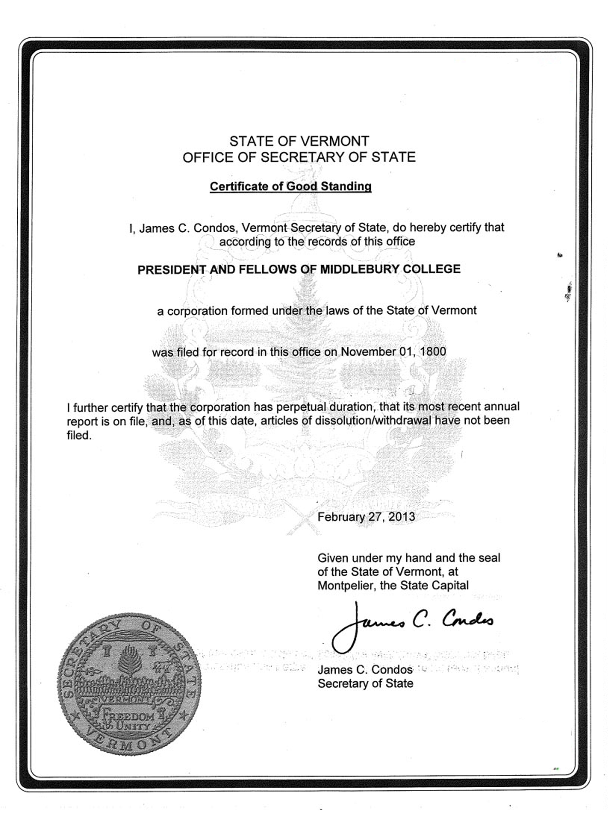 USA Vermont certificate of good standing